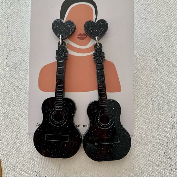 Black Glitter Guitar and Heart Charm Drop Festival Eras Statement Earrings - Picture 2 of 5
